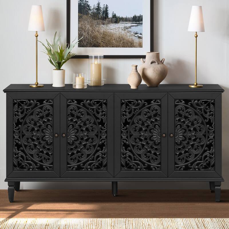 60" Antique Buffet Cabinet with Floral Carvings with Solid Wood Legs&Antique Brass Handles&Adjustable Shelves,TV Stand for 65'