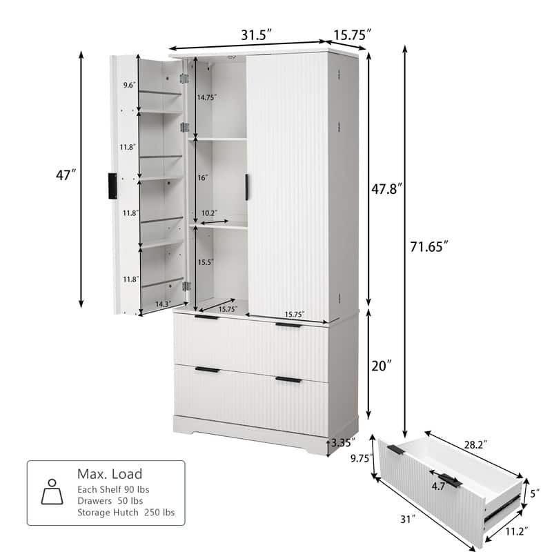 Farmhouse Pantry Cabinet with 2 Drawers & 8-Door Spice Rack – Freestanding Storage for Kitchen, Dining Room, or Office.