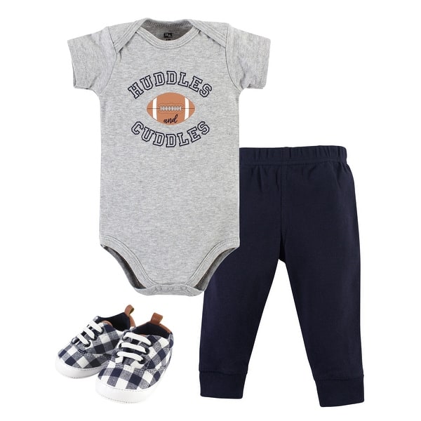 slide 1 of 1, Hudson Baby Infant Boy Cotton Bodysuit, Pant and Shoe Set, Football Huddles Short Sleeve 12-18 Months - Football Huddles Short Sleeve