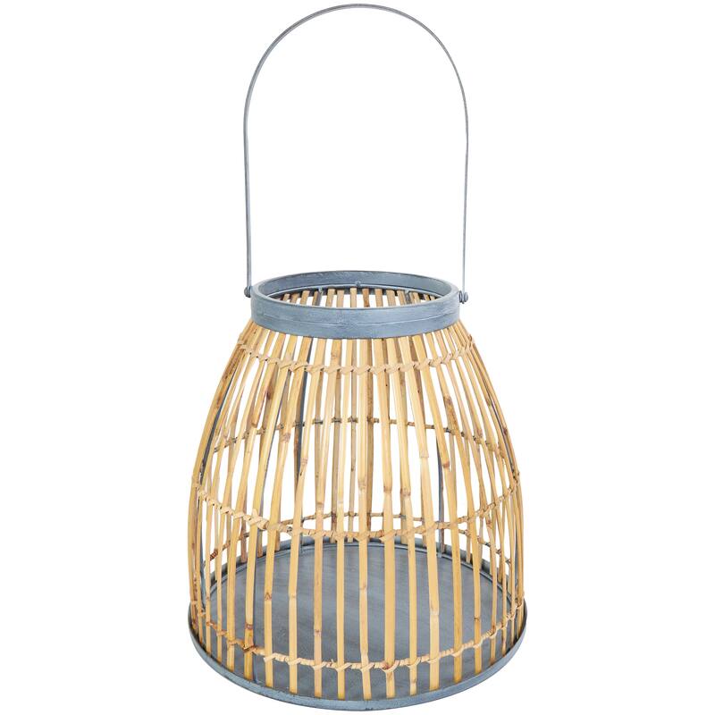 Brown Bamboo Wood Handmade Woven Open Framed Caged Style Indoor Outdoor Candle Lantern with Blue Metal Accents and Handle