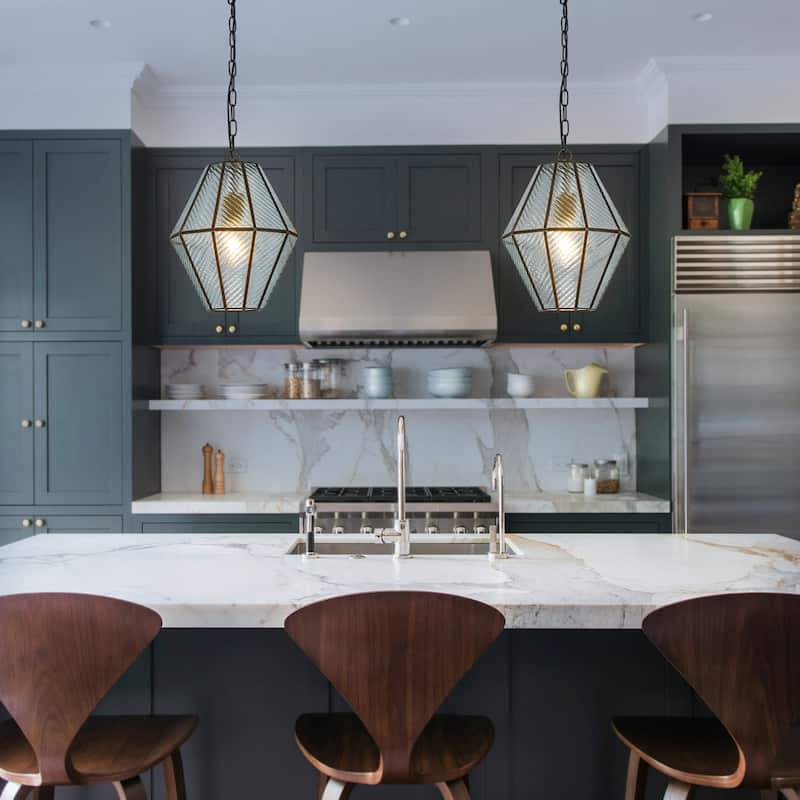 OB - 1-Light Matte Black Modern Ribbed Glass Chandelier Industrial Lantern Pendant Light for Kitchen Island - W12''
