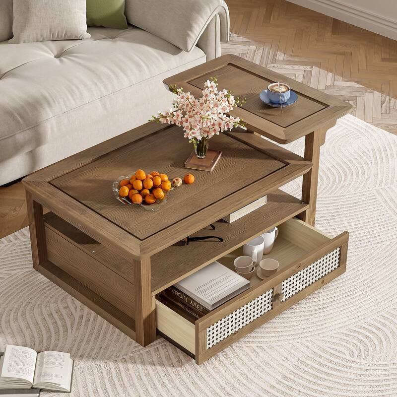 Modern Coffee Table with 2 Tabletops, 1 Rattan Drawer & Storage Shelf for Living Room - 38.5" D x 23.5" W x 15.7" H