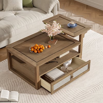 Roomfitters Modern Coffee Table with Open Shelf, Dual Tabletops and Rattan Accent Storage
