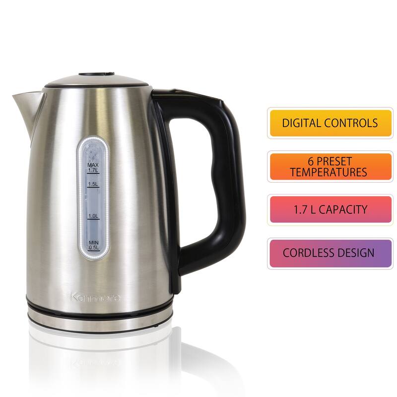 Kenmore 1.7L Cordless Electric Tea Kettle with 6 Temperature Pre-Sets