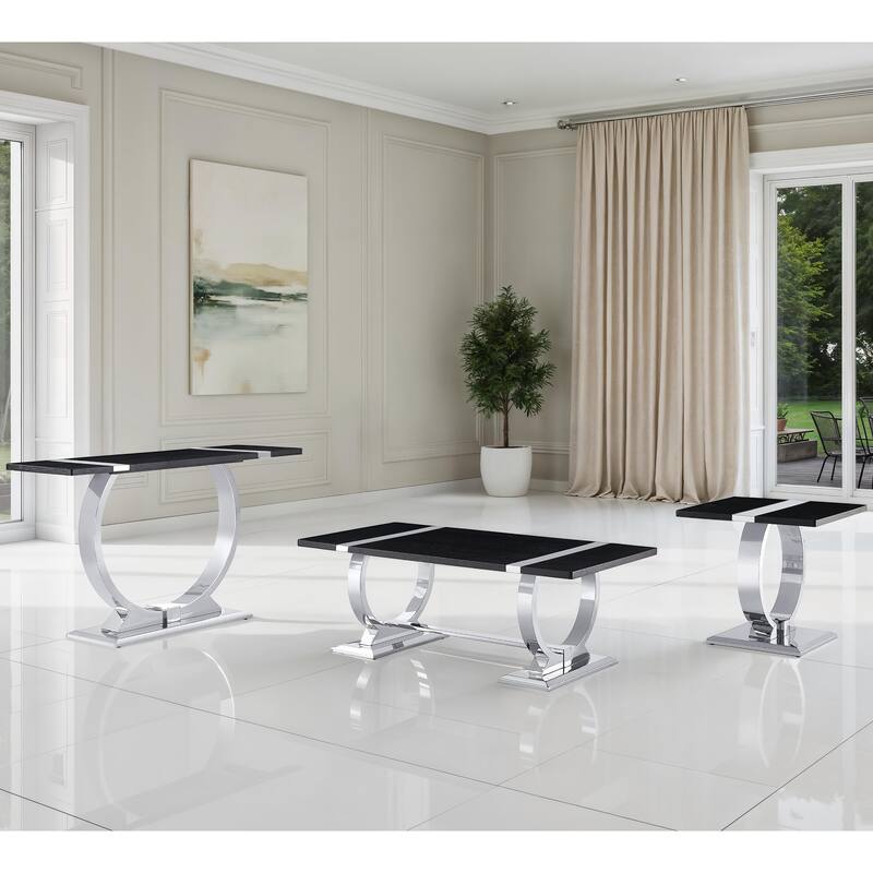 Furniture of America Carra Modern 3-Piece Stainless Steel O-Shaped Trestle Base Coffee Table Set - Black/Silver