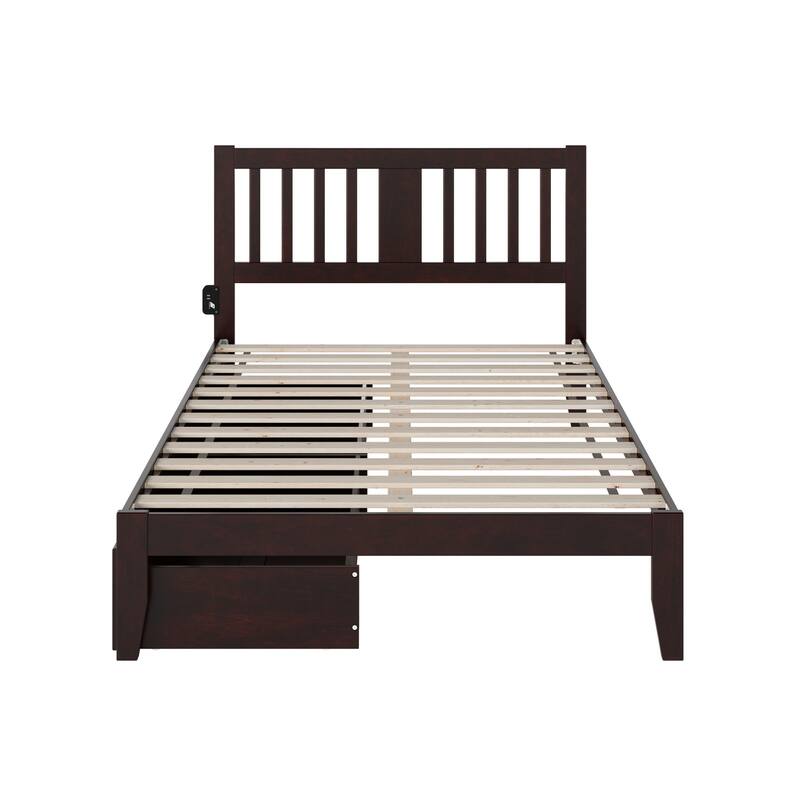 Full Bed in Espresso with 2 Underbed Drawers, Mission Slats, and Built-in Turbo Charger for Convenience