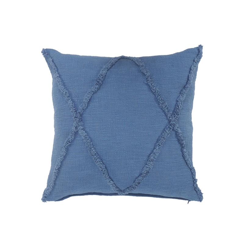 Set of Two Blue Diamond Cotton Throw Pillow With Fringe