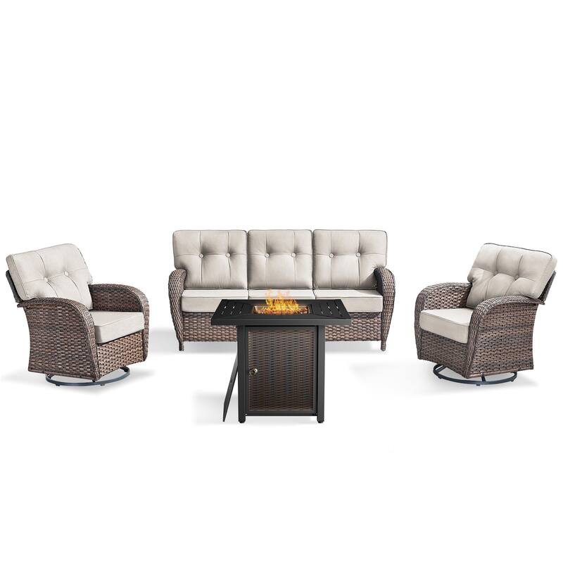 Pocassy Outdoor 30 In Fire Table with Sofa Patio Swivel Chair Set
