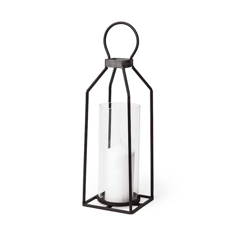 19" Black Distressed Geometric Metal And Glass Tabletop Lantern Candle Holder