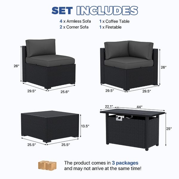 dimension image slide 0 of 12, AOXUN Fire Pit Conversation Set Rattan Sofa Set Outdoor Furniture With Cushions