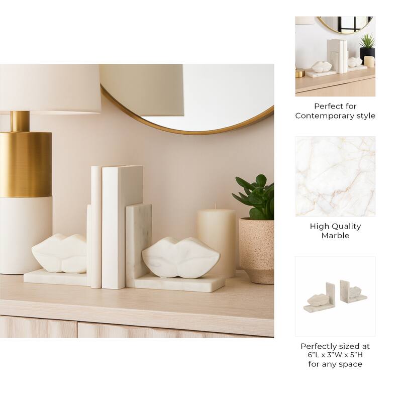 Modern Marble Lips on Base Decorative Bookends - Set of 2, 6", White - 6.0"