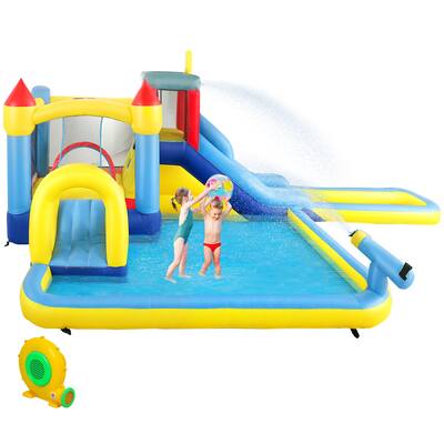 6 in 1 Inflatable Water Park with Splash Pool Slides Trampoline Climbing Wall Basketball Hoop Durable Oxford Fabric Backyard Fun