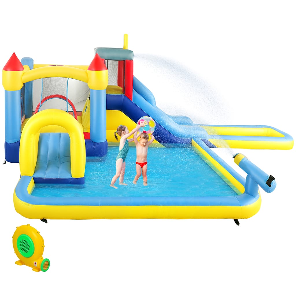 6 in 1 Inflatable Water Park with Splash Pool Slides Trampoline Climbing Wall Basketball Hoop Durable Oxford Fabric Backyard Fun