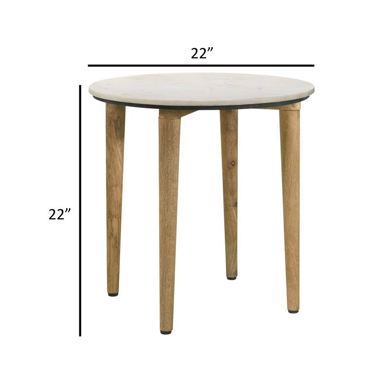 Wolu 22 Inch Side End Table, White Marble Round Top, Natural Brown Wood