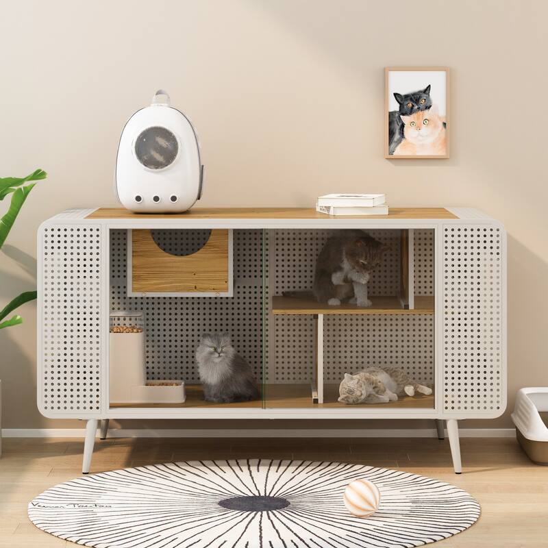 55.12 "Spacious Cat House with Tempered Glass, for Living Room, Hallway, Study and Other Spaces (White) - White - Glass