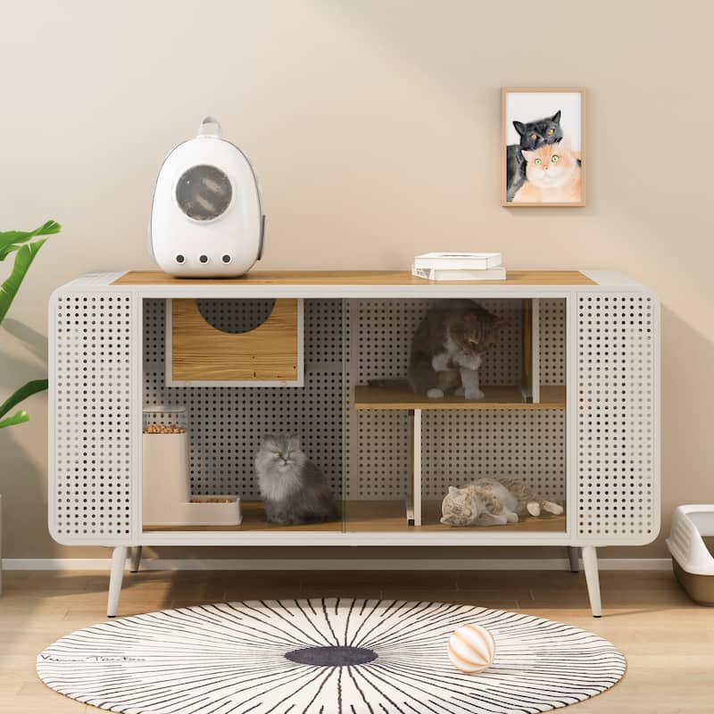 Spacious Cat House with Tempered Glass - White