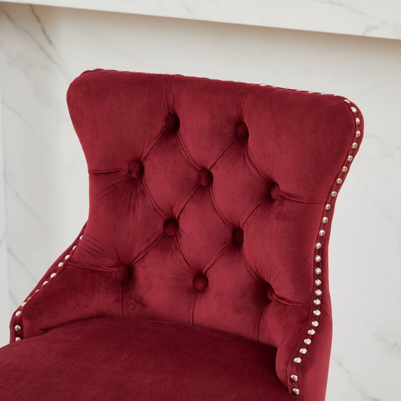 Velvet Swivel Bar Stools Set of 2, Button Tufted Rivet Trim Dining Room Chairs, Kitchen Stools with Wooden Legs