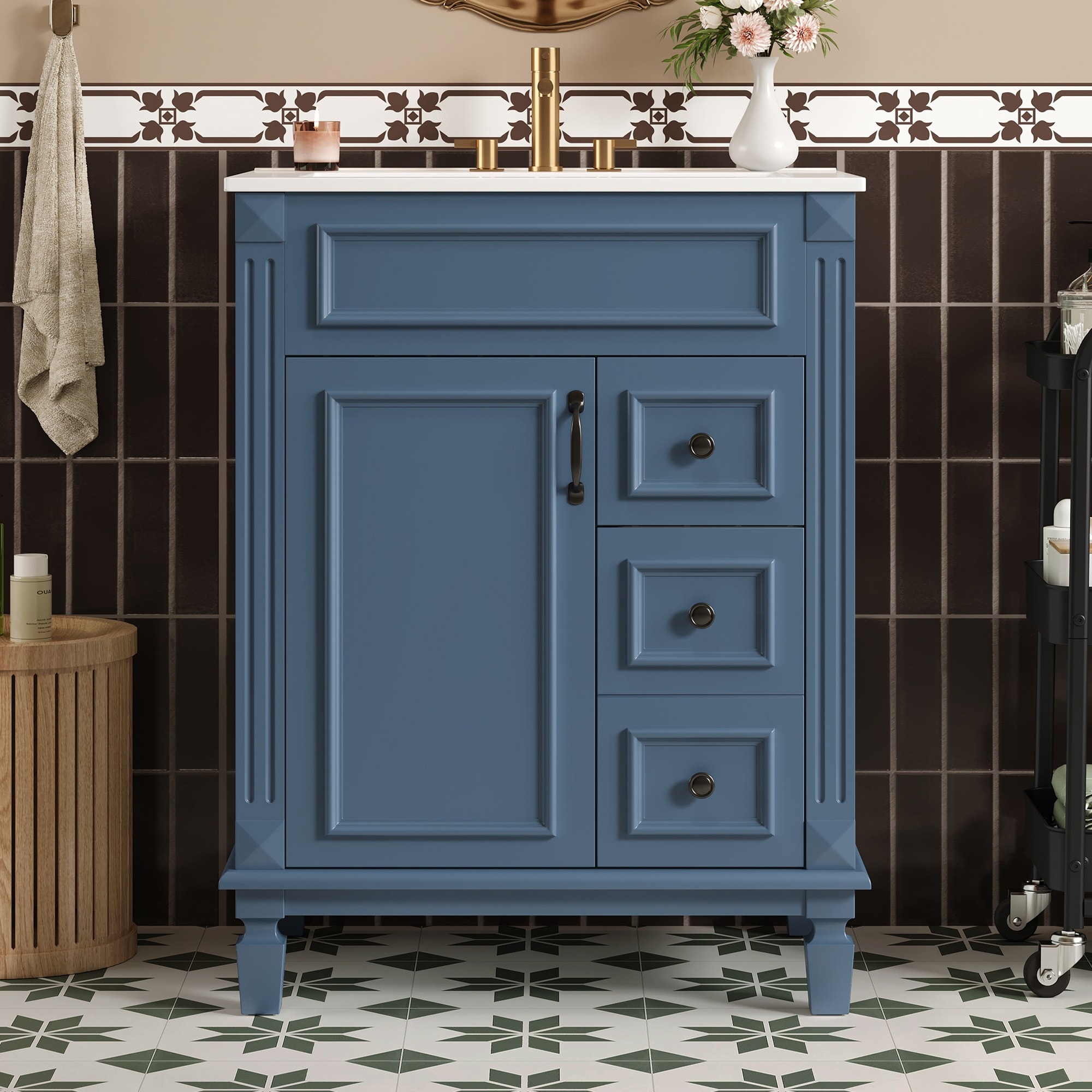 24" Bathroom Vanity with Ceramic Sink, Small Bathroom Sink Cabinet, Modern Cabinet with 2 Drawers and Adjustable Shelf