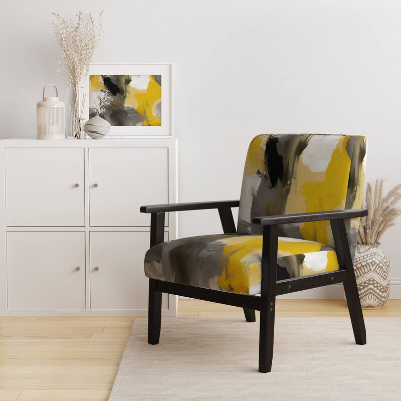 Designart "Mustard Yellow And Vivid Gray II" Upholstered Abstract Accent Chair and Modern & Contemporary Arm Chair - Arm Chair