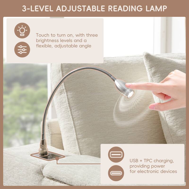 Tufted Chenille Sectional Sofa with Pull-out Bed, Flip-up Table Panel, Reading Lamp, Charging Ports, Storage Ottoman, 6 Pillows