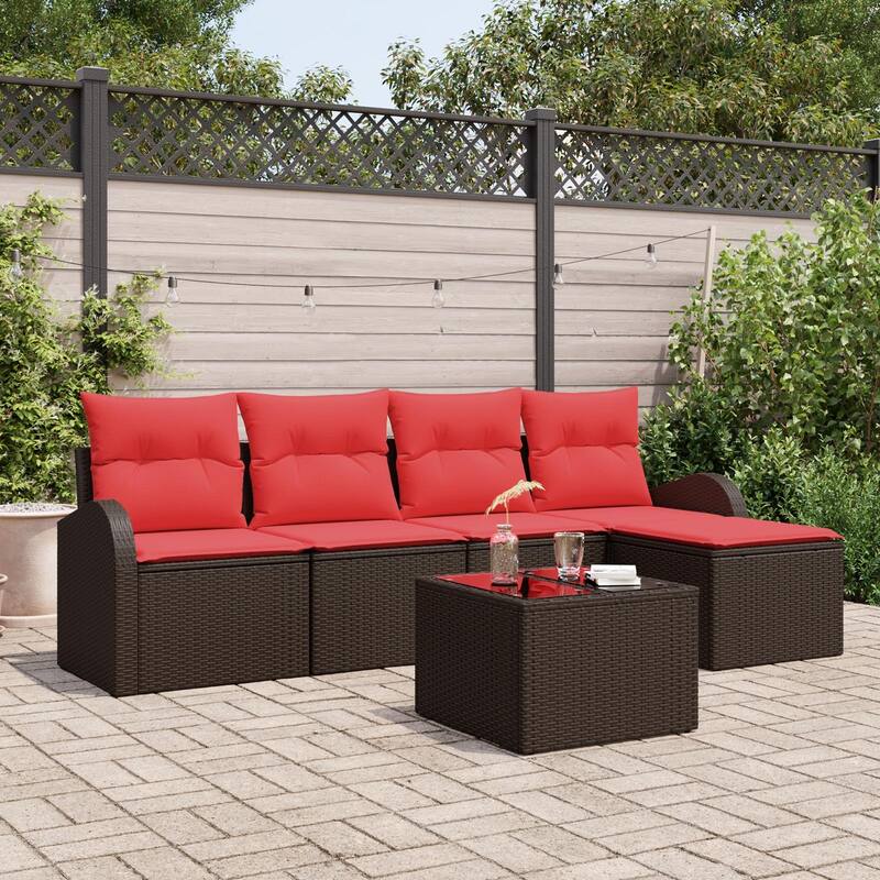 vidaXL 5/6 Garden Sofa Set with Cushions Black/Brown/Grey Poly Rattan - 92.1 x 24.4 x 27.2 - Brown with table