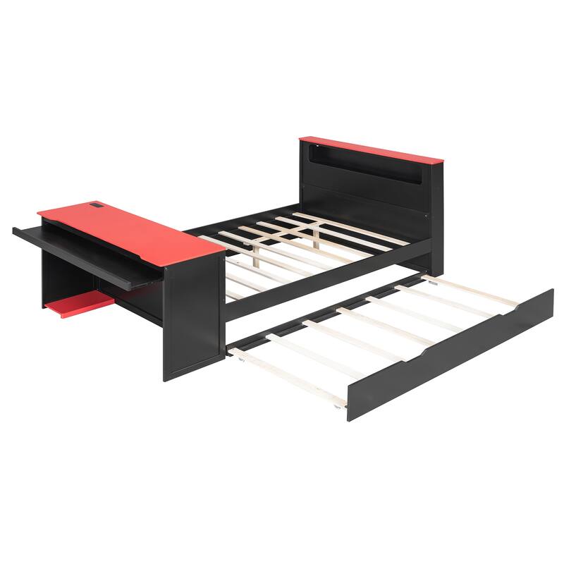 Wood Daybed with Trundle & Built-in Desk, LED Lights & USB Charging Port, Available in Full or Twin