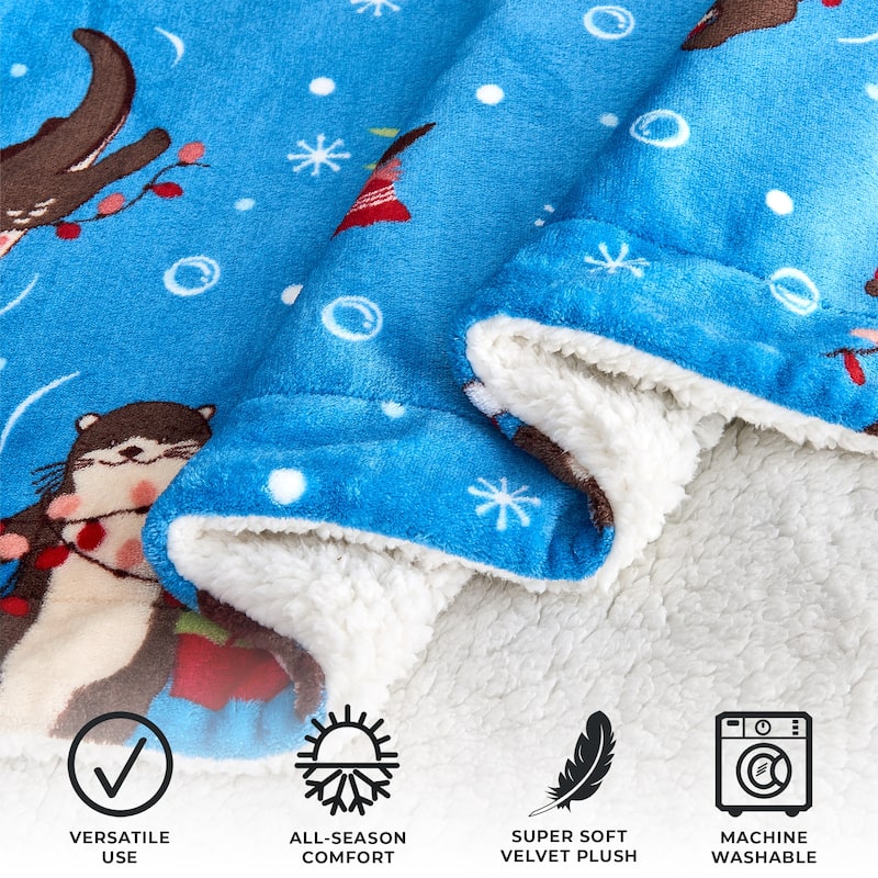 Linery & Co. Velvet Plush Fleece Reversible Sherpa Holiday Printed Throw.
