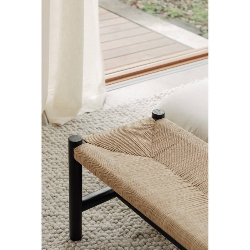 NADAAL STUDIOS Mayor Bench, Rectangular Solid Elm Frame with Woven Natural-Fiber Rope Seat, Large, Black