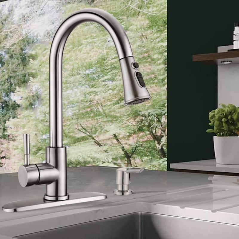 Proox Commercial Single Handle Pull Down Sprayer Kitchen Sink Faucet with Soap Dispenser