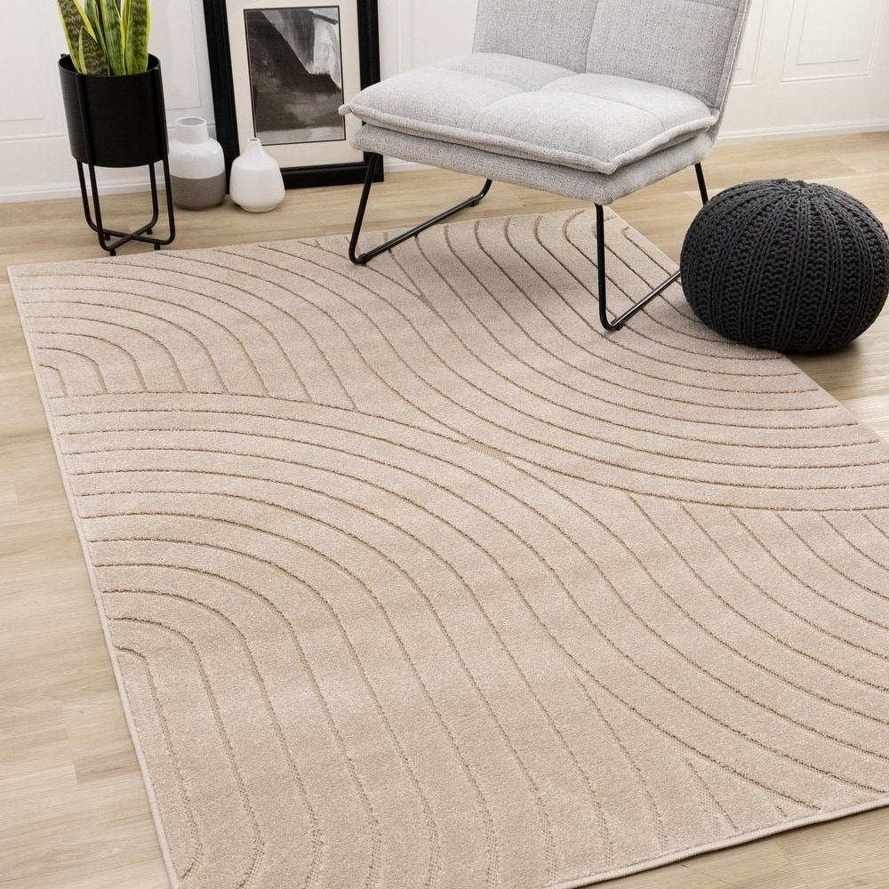 Modern Curved Lines Textured Area Rug in Beige