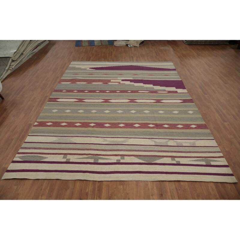 Hand Woven Oriental 100% Wool Carpet Southwestern Tribal Greys & Charcoal Kilim Area Rug - 13' 10'' X 9' 10''