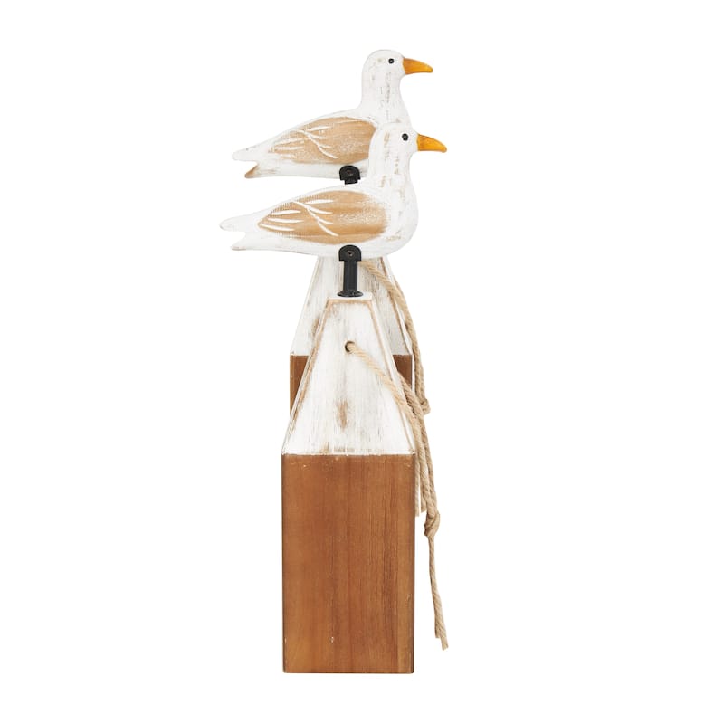Wooden Bird Sculpture with White Distressed Buoy Posts - Set of 2 Brown - Roche River Decor - 4"W x 6"L x 16"H