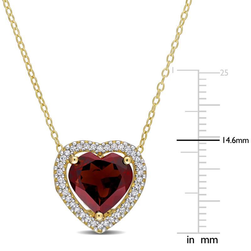 Miadora Heart-cut Garnet and 1/5ct TDW Diamond Halo Necklace in Yellow Plated Sterling Silver