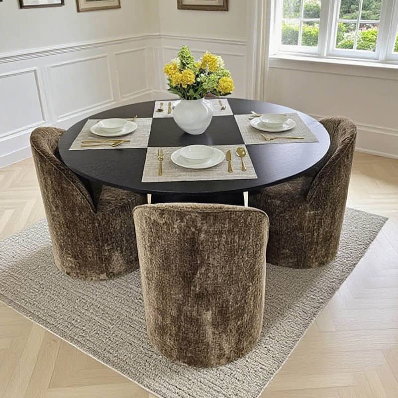 Chenille Upholstered Dining Chair with Castors (Set of 4) - Brown