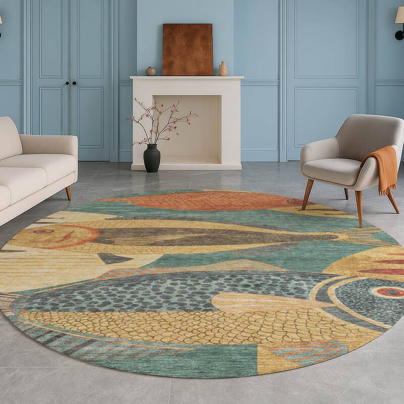 Machine Washable Indoor/ Outdoor Modern Fish Chantille Rug
