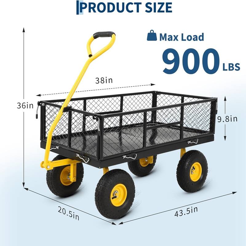 900-lb Capacity Steel Garden Cart Removable Mesh Sides Convert to Flatbed and 180Degree Rotating Handle Black