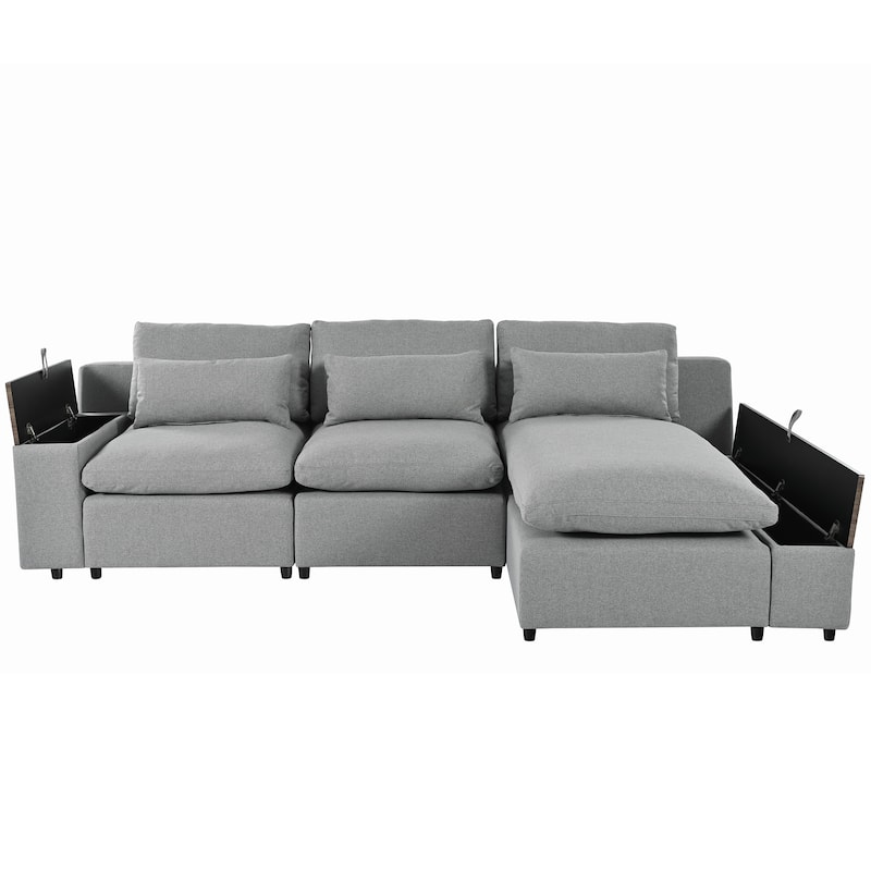 L-shaped Modular Sectional Sofa with Removable Back Cushions and 2 Storage Spaces, Corner Sofa w3 Pillows & Wooden Frame