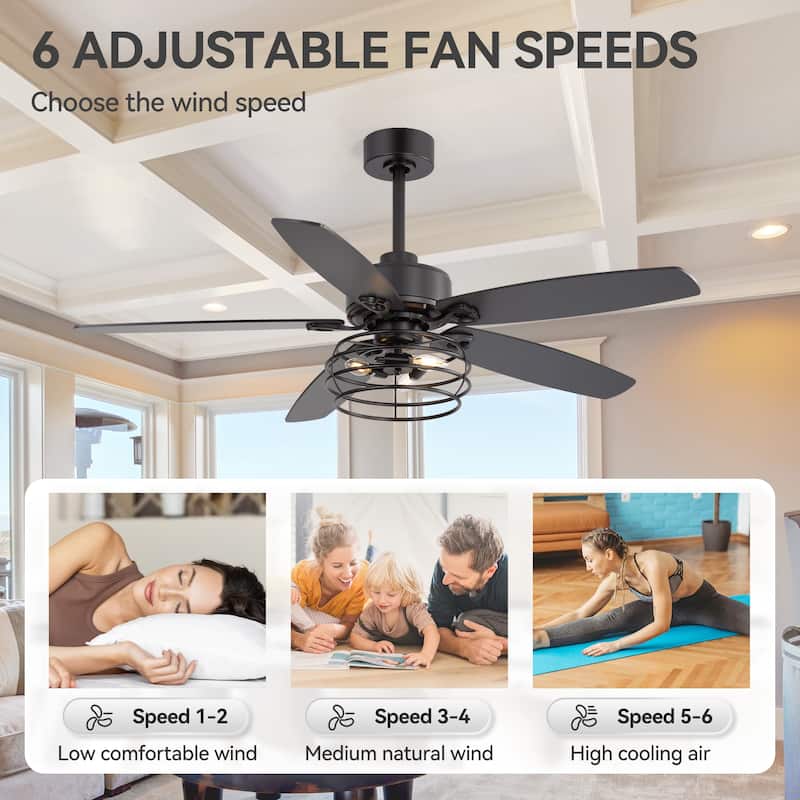 52" Industrial Reversible Wood 5-Blade Black Ceiling Fan with Light and Remote
