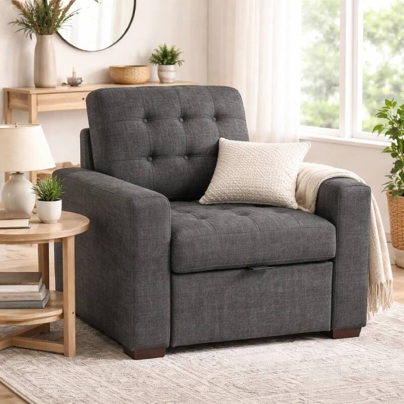 Cliff 37 Inch Chair, Pull Out Ottoman, Dark Gray Polyester, Espresso Wood