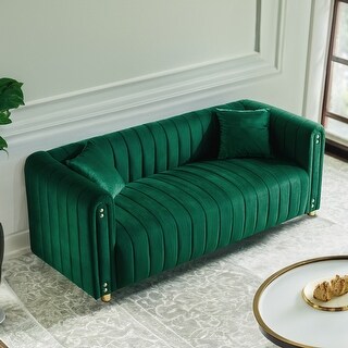 Seater Velvet Sofa Vertical Channel Tufted Couch w/ Throw