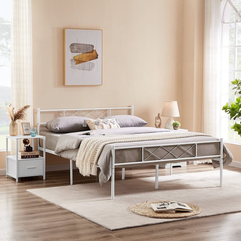 VECELO Industrial 3-Piece Bedroom Set Metal Bed Frame with Headboard and Modern Nightstand Set of 2