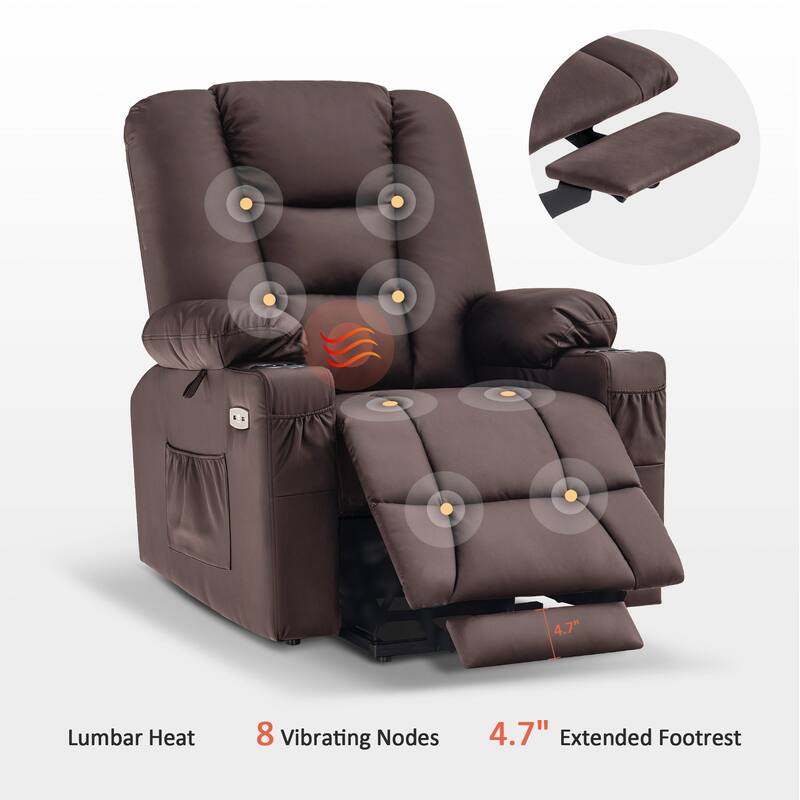 MCombo Power Lift Recliner Chair with Massage and Heat for Elderly, Extended Footrest, USB Ports, Faux Leather(Medium)