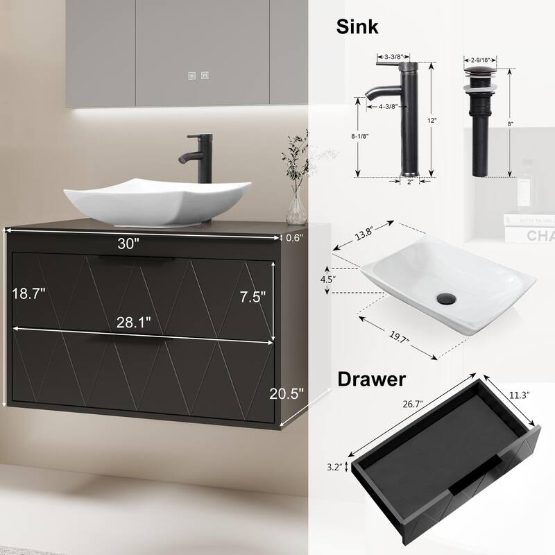 Modern Wall Mounted Bathroom Vanity Set with Vessel Sink & Faucet