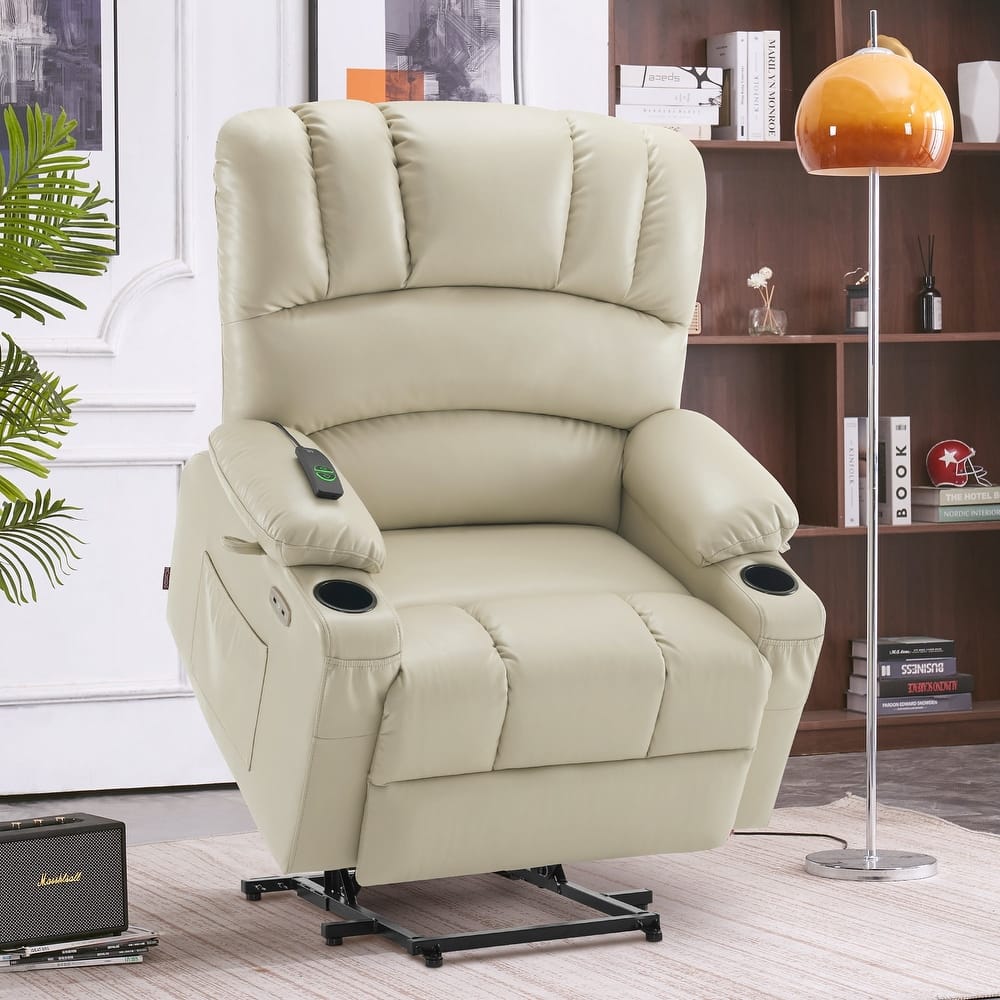 MCombo Large Power Lift Recliner Chair with Massage and Heat, Cup Holders, Side Pockets, Faux Leather R7092 (Large-Wide)
