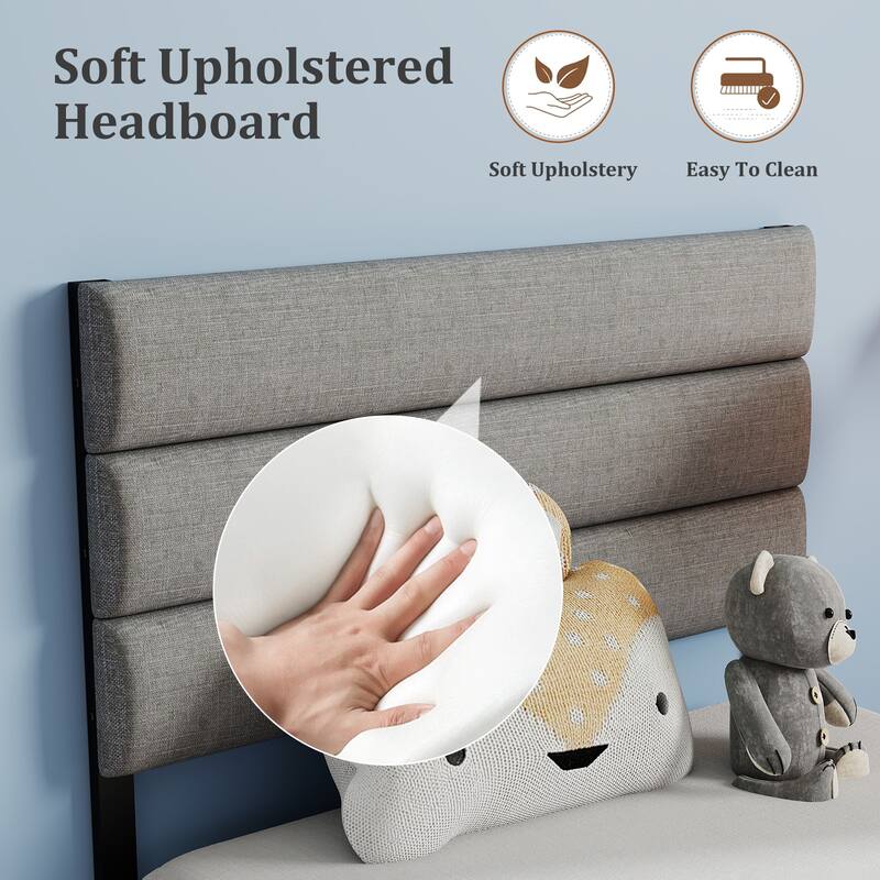 Twin Size Linen Upholstered Platform Bed, Heavy Duty Metal Bed Frame with Headboard, No Box Spring Needed