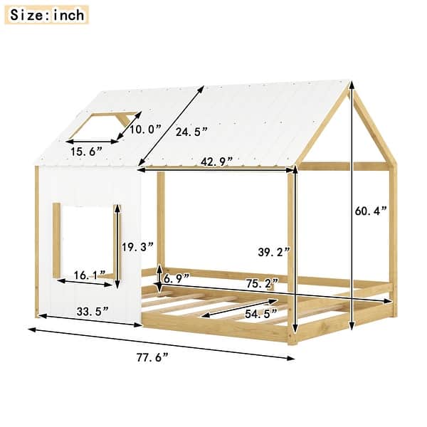 White+Natural Whimsical Pine Wood Twin House Bed with Roof and Window