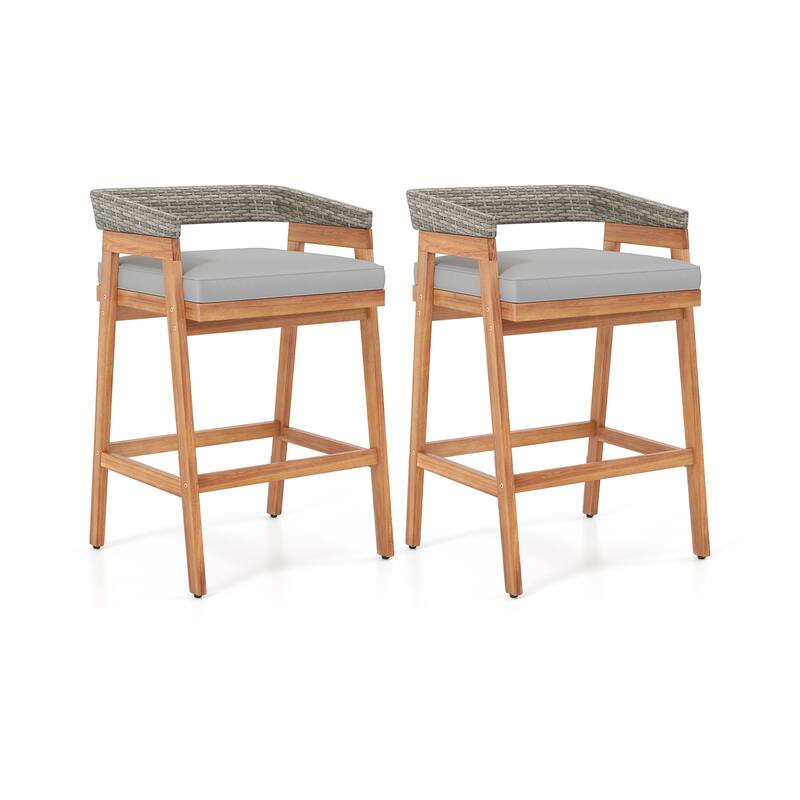 Set of 2 Acacia Wood Outdoor Bar Stools with Cushions and Wicker Back - 22" x 21" x 35"