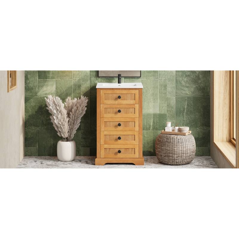 20" Bathroom Vanity with Integrated Ceramic Sink, Bathroom Cabinet with Soft-Closing Door, Solid Wood Bottom Frame