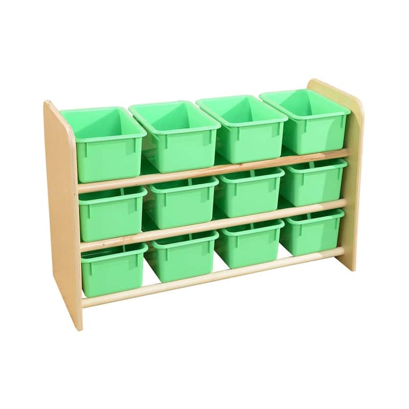 Wood Designs Sturdy 3 shelf Storage Rack with 12 Lime Green Pastel Color Trays, Birch Wood Storage Organizer Unit - 21"