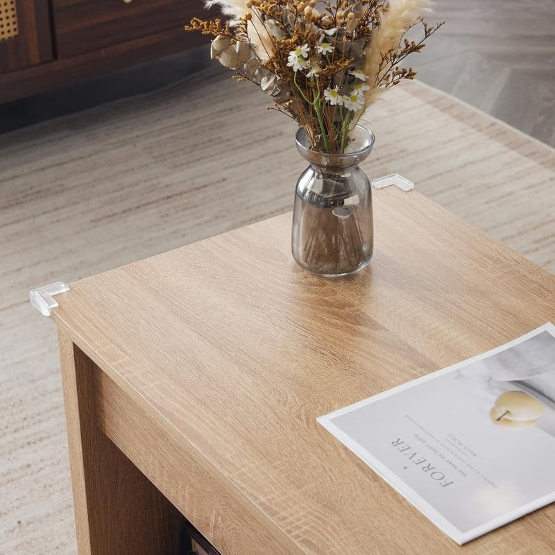 VINGLI Rectangular Oak-colored Particle Board with Bamboo Rattan Weaving, Extendable and Liftable Coffee Table